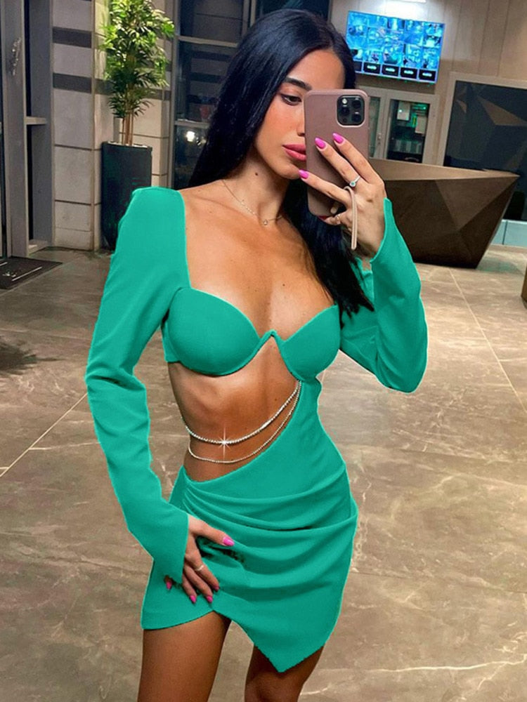 Boho Camis Dress, Party Bodycon Boho Mini Dress, Diamond Chain Hollow Out, Remy in Green and Black