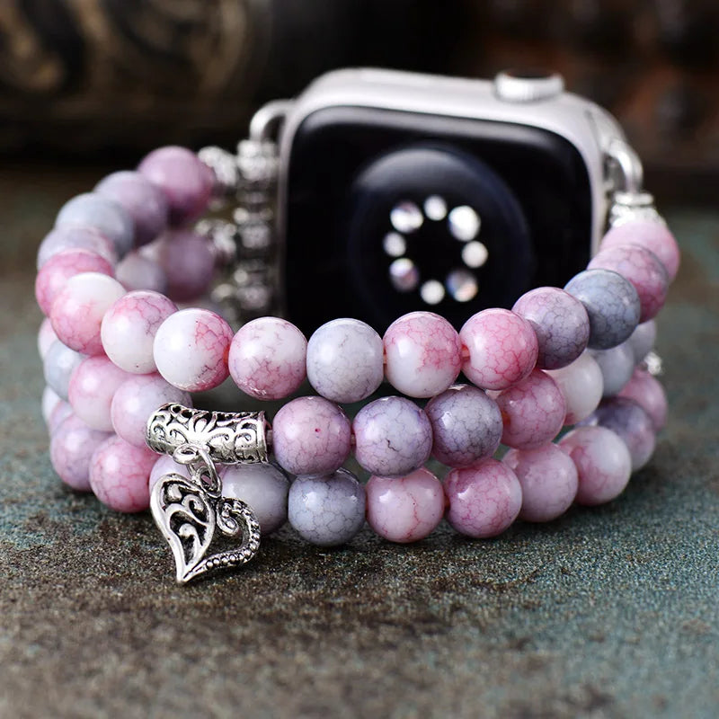 Boho Apple Watch Band - Silver Pink Rhinestone Beads Wrist Strech Bracelet