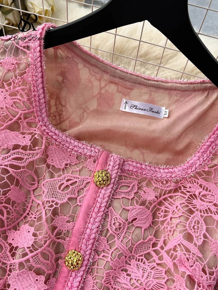 Vintage Boho Midi Dress - Pink Fusia | Embroidered Lace Bohemian Style Dress