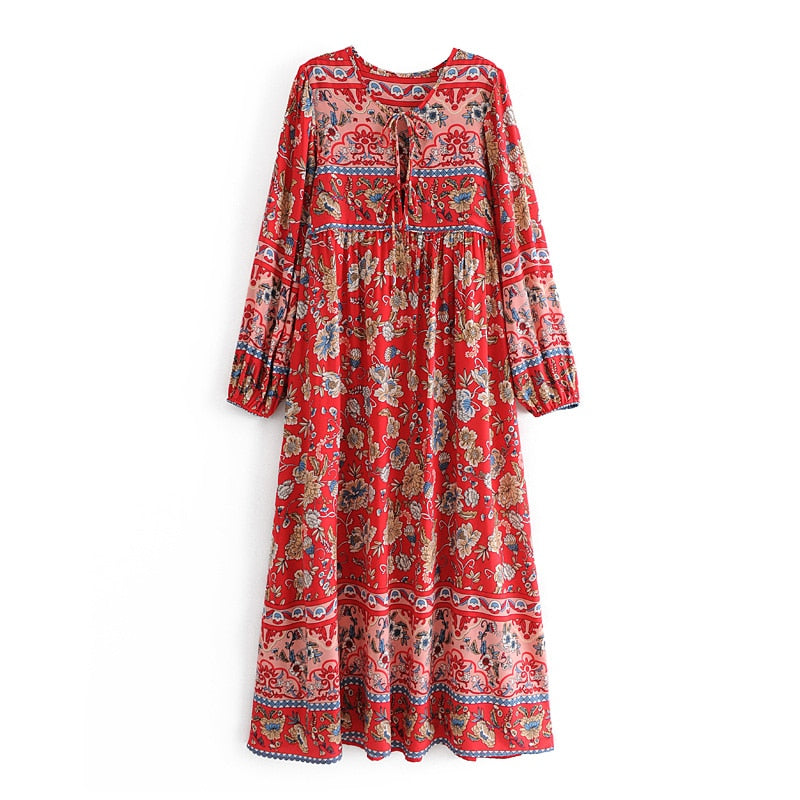Gown Dress, Boho Maxi Dress, Loose Dress, Red India Flower