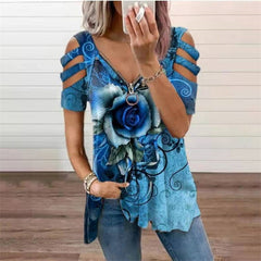 Loose Angel Wing Print Vintage V Neck Zipper T Shirt