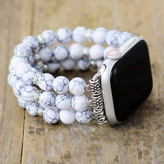 Boho Apple Watch Band - Silver White Red Jaspers Beads Wrist Strech Bracelet