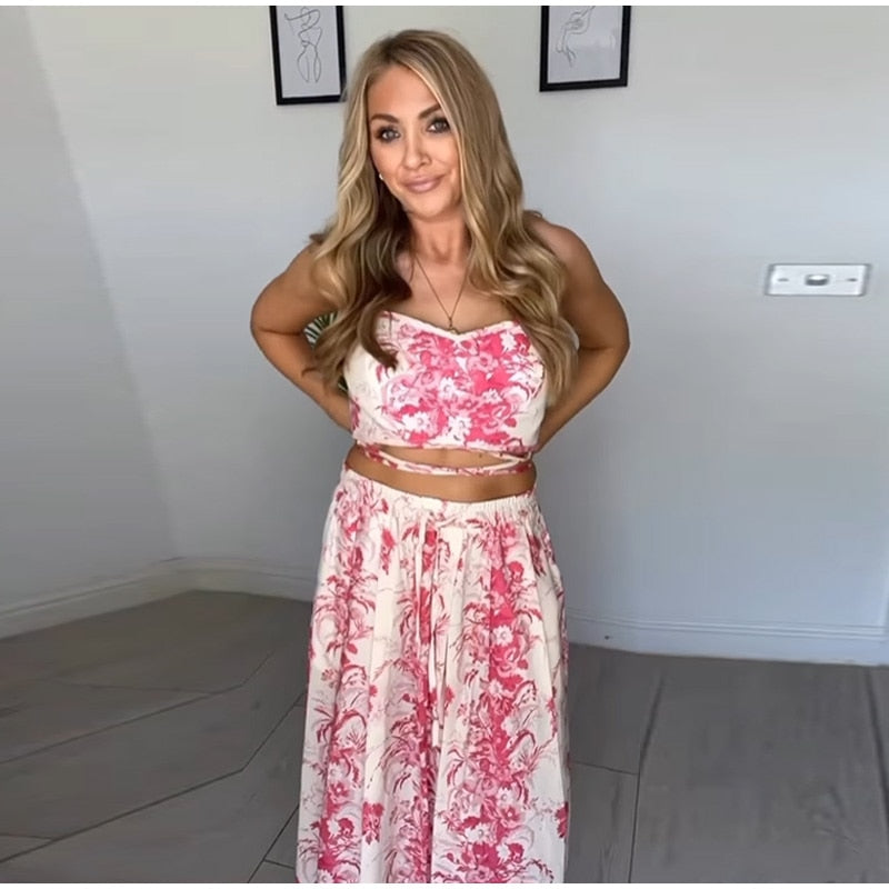 Boho Two Piece Set - Crop Top and Skirt for Summer Vacation Beach Vibes Pink Garden