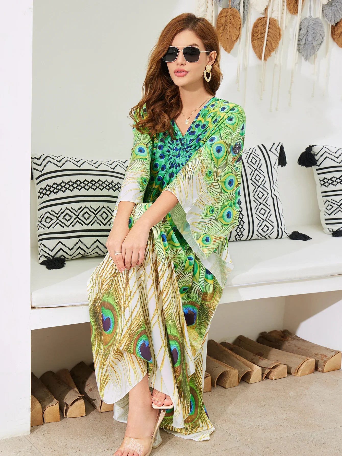 Boho Maxi Dress - Beach Dress, Kaftan Dress Vintage Embroidered in Danica Green Peacock