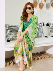 Boho Maxi Dress - Beach Dress, Kaftan Dress Vintage Embroidered in Danica Green Peacock