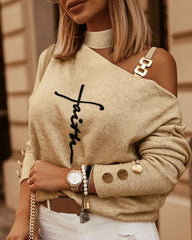 Fashion Long Sleeve Diagonal Shoulder Chain Decorative Top Blouse