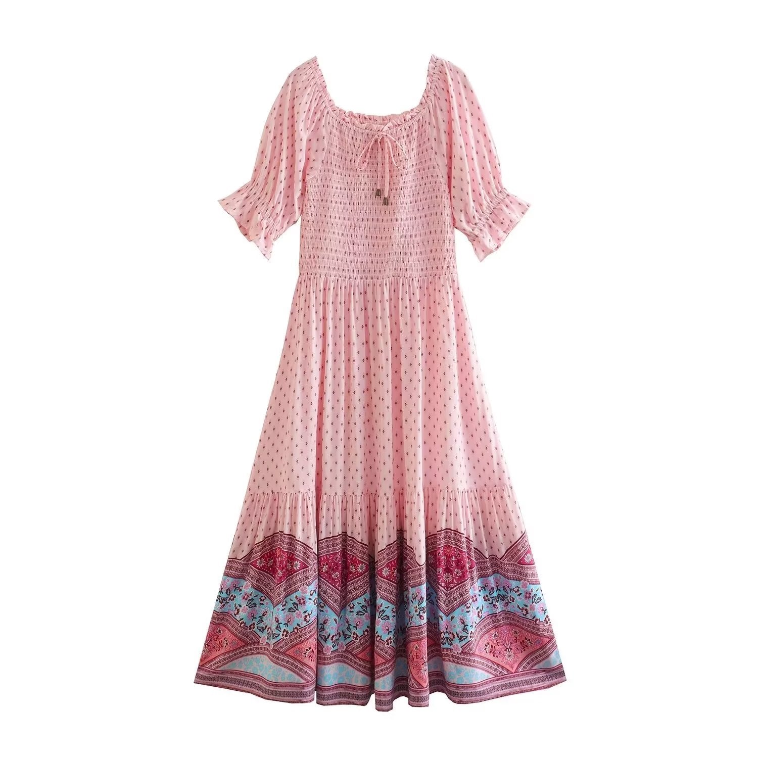 Boho Midi Dress, Sundress, Marakee in Red and Pink