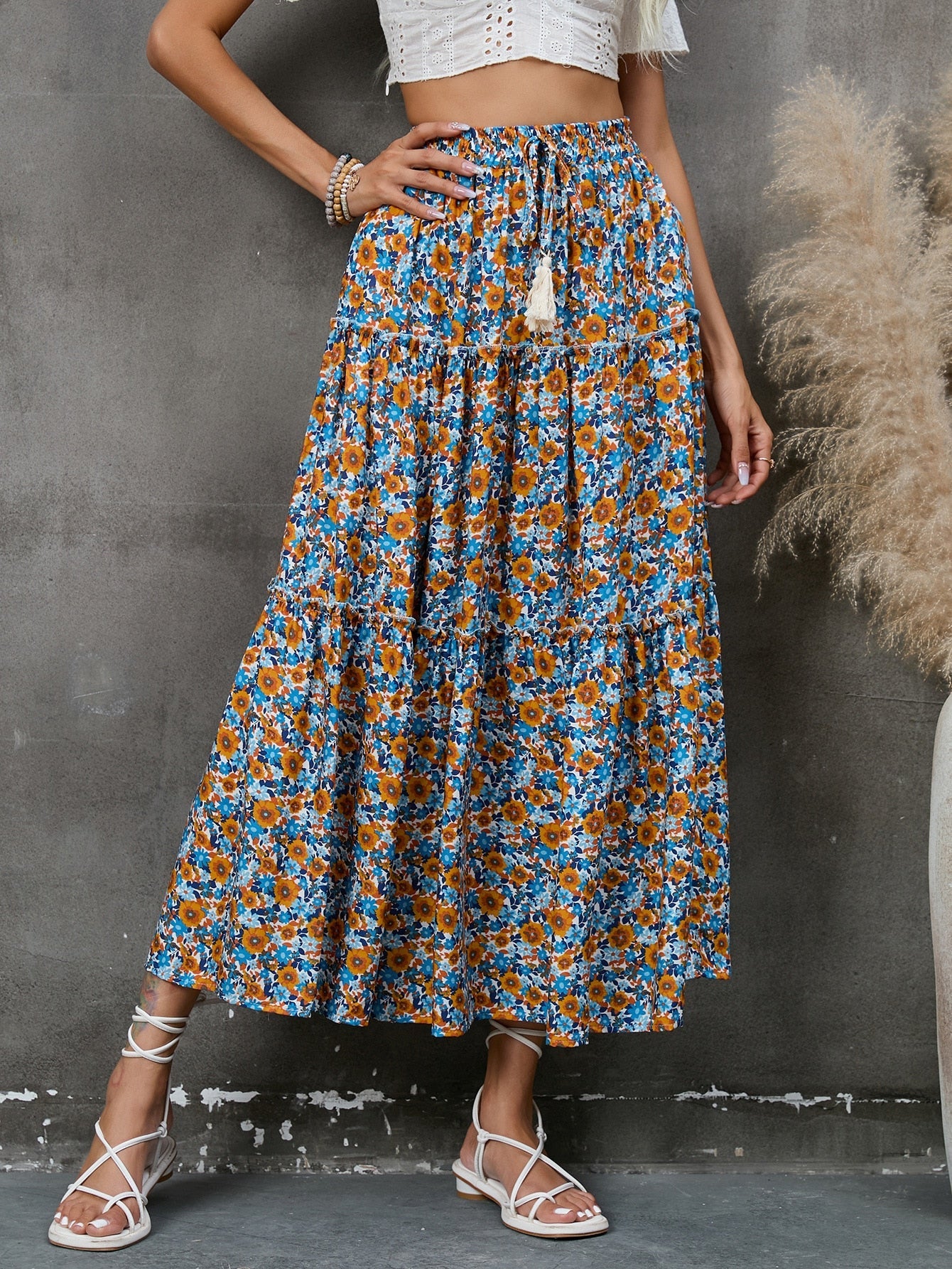 Boho Skirt, Hippie Skirts, Maxi Skirt, Flower Ruffle in Blue