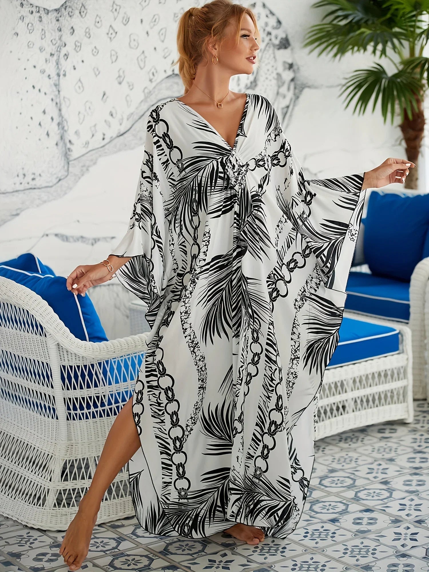 Boho Maxi Dress - Beach Dress, Kaftan Dress Akari Black Coconut Leaf
