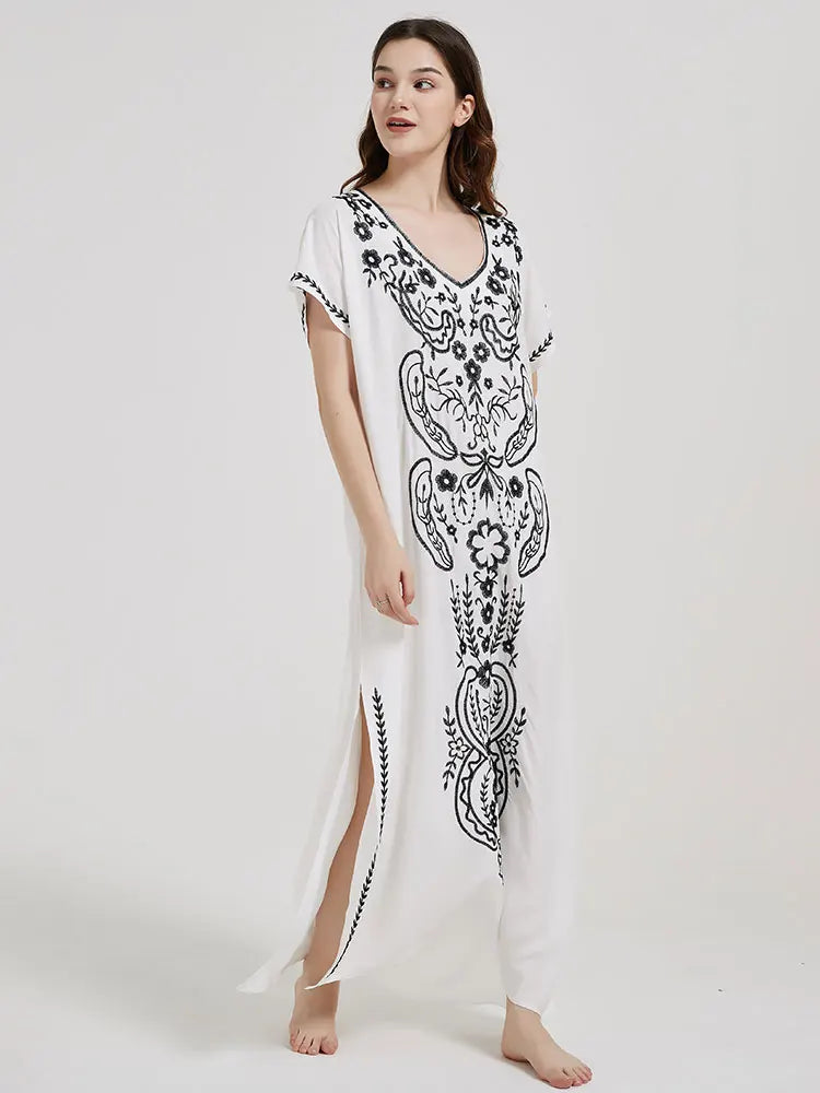 Boho Maxi Dress - Beach Dress, Kaftan Dress Vintage Embroidered in Myla Blue and Black