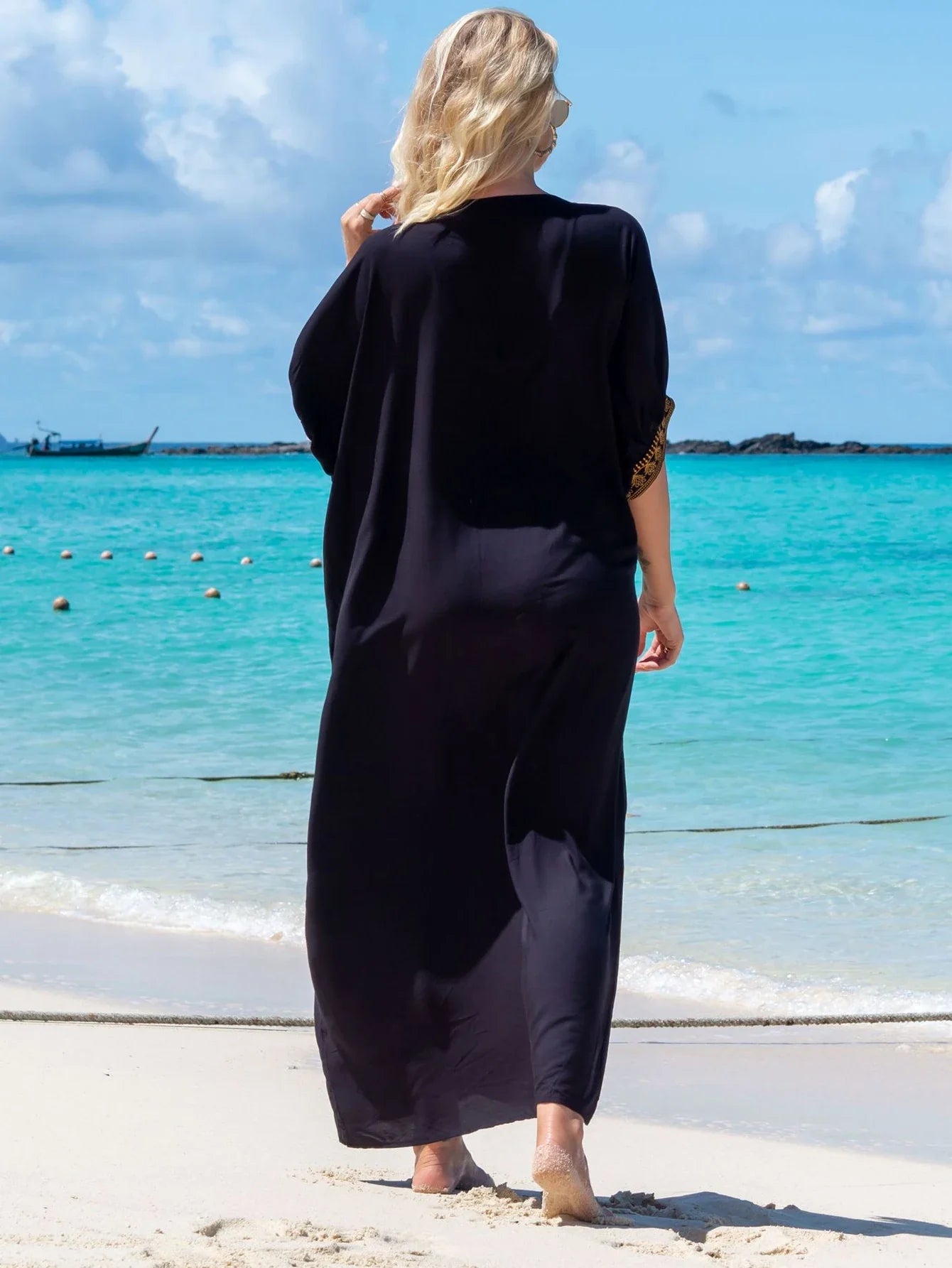 Boho Maxi Dress - Beach Dress, Kaftan Dress Vintage Embroidered in Liliana Navy