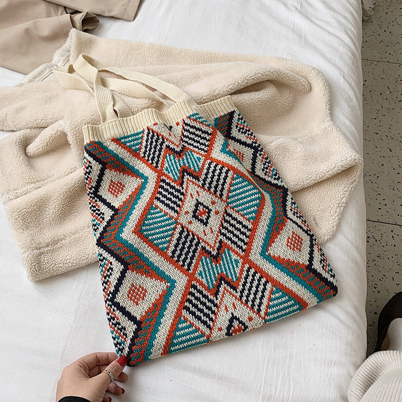 Boho Bag, Tote Bags, Crochet Tote, Knitted Shopper Handbags, Aztec Gypsy in 4 colors