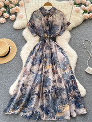 Vintage Boho Midi Dress - Embroidered Bohemian Style Shirt Dress with Beach Print