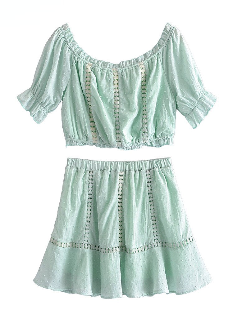 Boho Two Piece Set, Crop Top and Skirt, Doll's eyes in Green