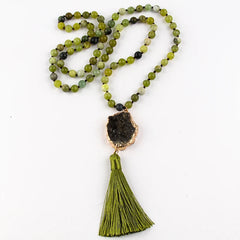 Boho Necklace - RH Precious Amazonite Lava Stones Gold Tassle