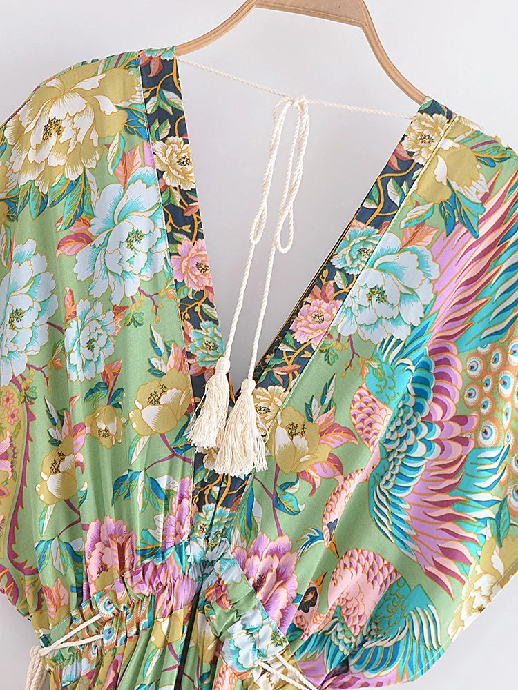Maxi Dress - Boho Dress - Maxi Boho Sundress - Peacock Green Gold