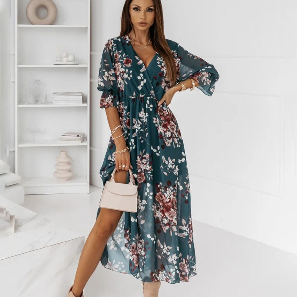 Casual Side Split Big Hem Floral Print Maxi Dress
