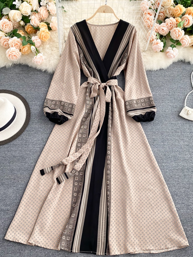 Vintage Dress, Boho Maxi Dress, Gown, India Dot in Brick, Brown and Gray