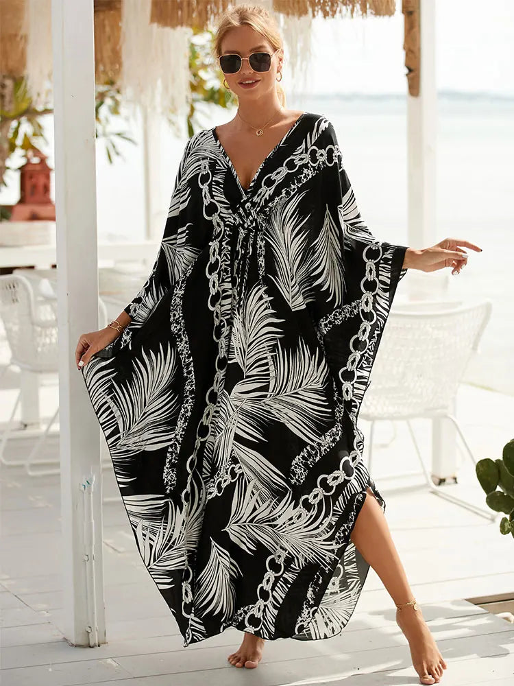 Boho Maxi Dress - Beach Dress, Kaftan Dress Vintage Embroidered in Danica Black Leaf