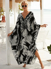 Boho Maxi Dress - Beach Dress, Kaftan Dress Vintage Embroidered in Danica Black Leaf