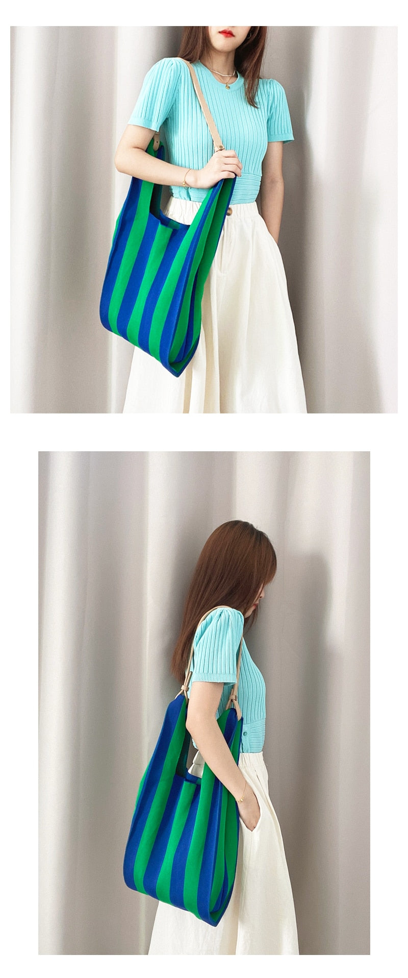 Boho Bag, Eco Tote Bags, Crochet Tote, Knitted Shopper Handbags, Striped in 5 colors