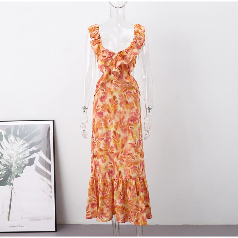 Boho Beach Dress - Ruffled Floral Dress for Your Summer Vacation Vibes - Tie Dye Orange Fall Leaf Delight