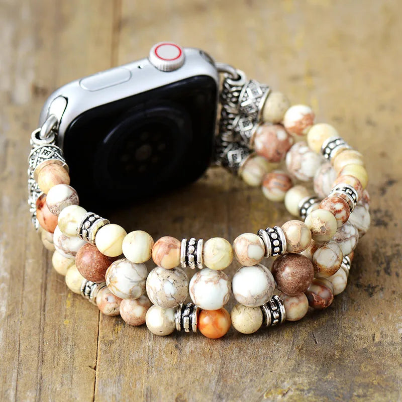 Boho Apple Watch Band - Silver Empire Jaspers Beads Wrist Stretch Bracelet