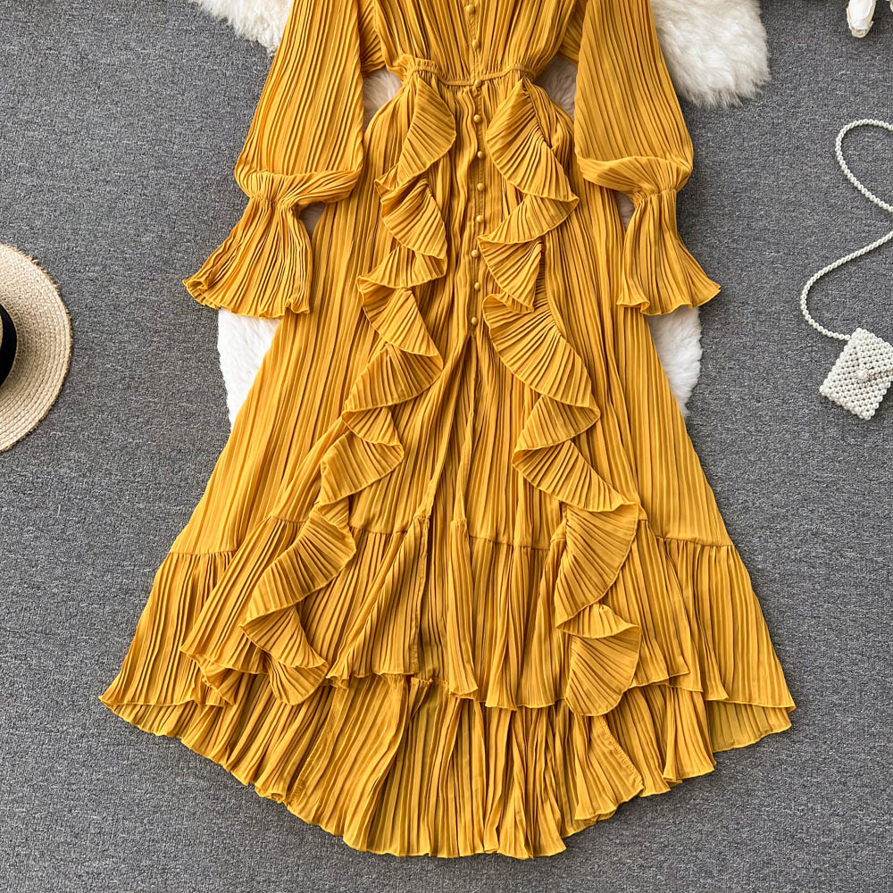 Maxi Dress, Boho Vintage Pleated Dress, Josephine Gown in Purple, Yellow, Pink and Brown