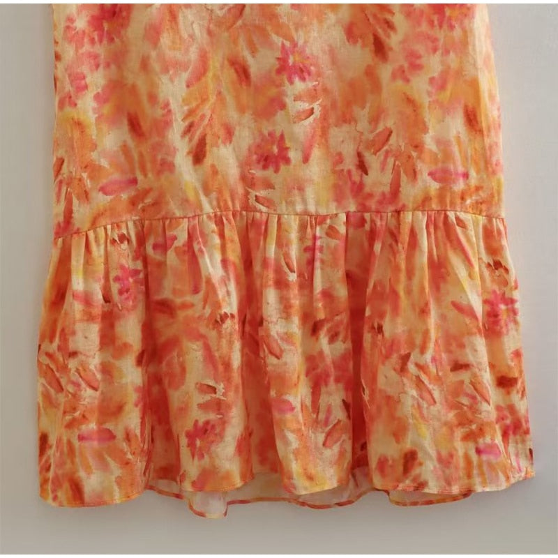 Boho Beach Dress - Ruffled Floral Dress for Your Summer Vacation Vibes - Tie Dye Orange Fall Leaf Delight