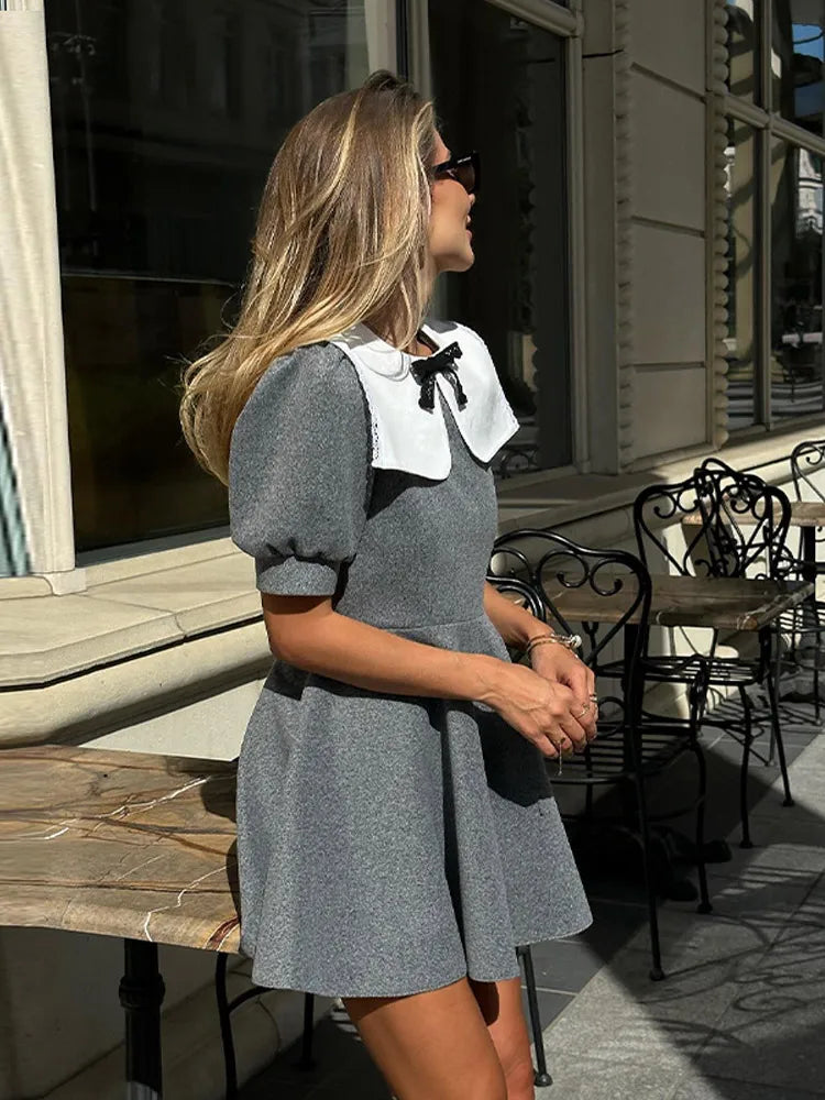 Vintage Mini Dress - Doll Collar, Long Sleeve, Summer Party Club Dress Ariyah in Black and Grey