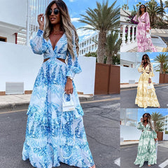 Sex Backless Hollow Out Lantern Sleeve Beach Dress Cover Up