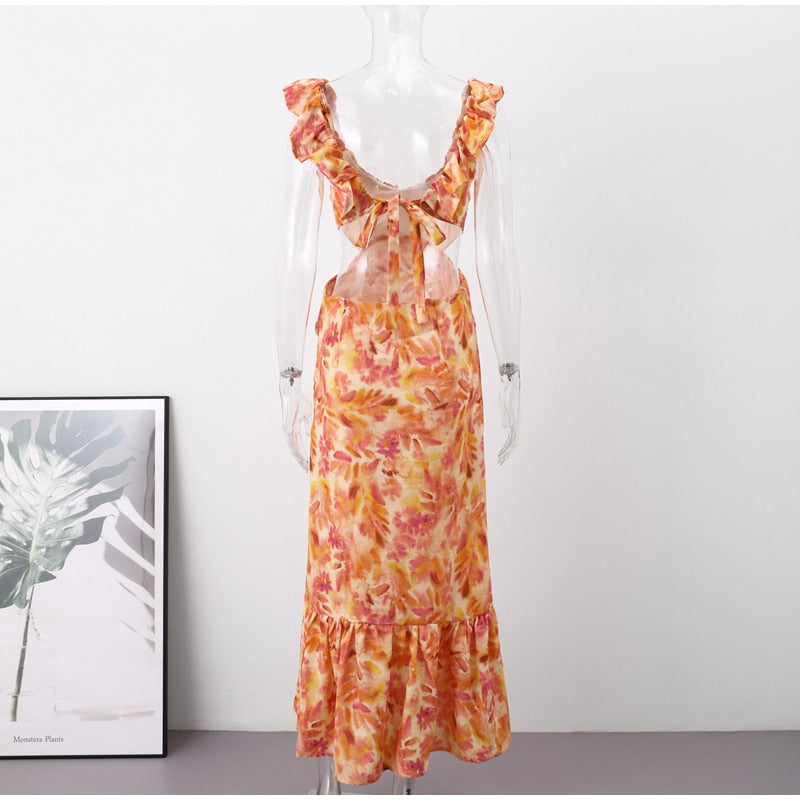 Boho Beach Dress - Ruffled Floral Dress for Your Summer Vacation Vibes - Tie Dye Orange Fall Leaf Delight