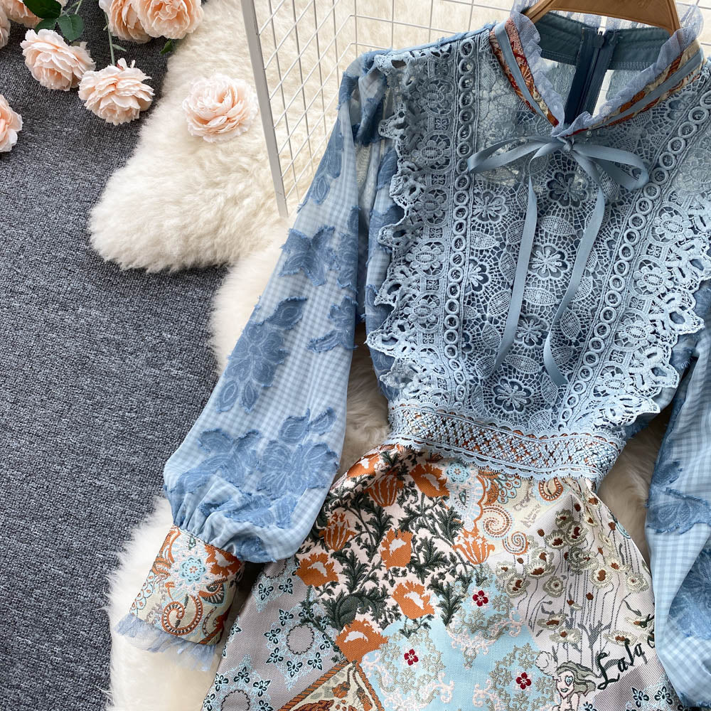 Midi Dress Boho Vintage - Embroidery French Style Dress - Lace Elegant Bow Alodia