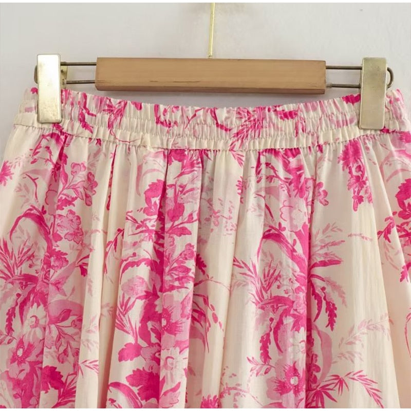 Boho Two Piece Set - Crop Top and Skirt for Summer Vacation Beach Vibes Pink Garden