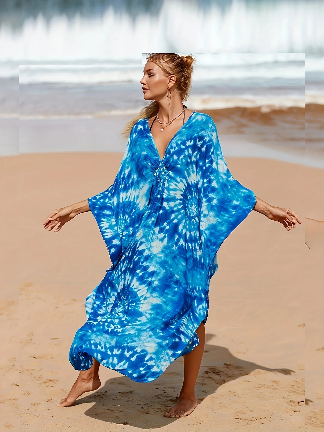 Boho Maxi Dress - Beach Dress, Kaftan Dress Akari Blue Tie Dye Coconut