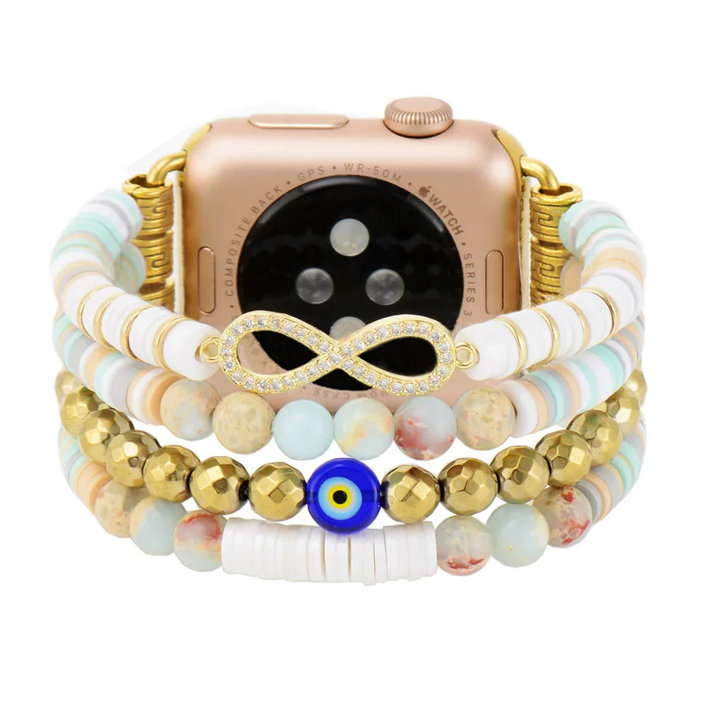 Boho Apple Watch Band - Infinity White Pearl Beads Wrist Strech Bracelet