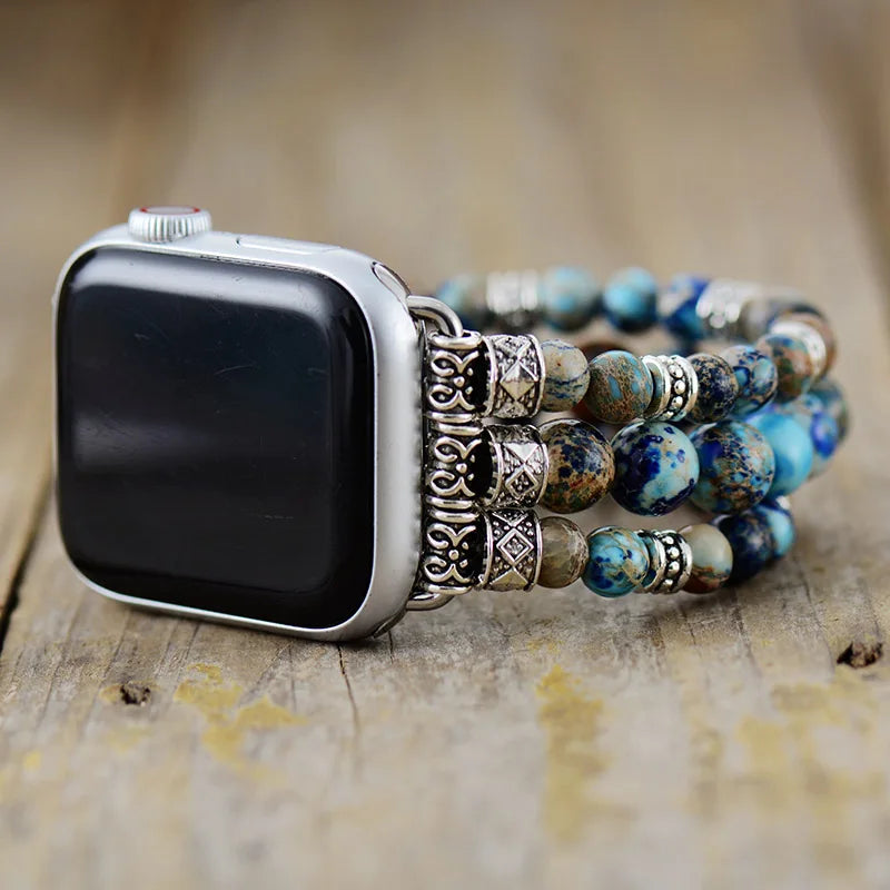 Boho Apple Watch Band - Silver Empire Jaspers Beads Wrist Stretch Bracelet