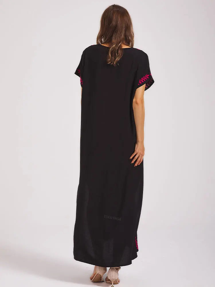 Boho Maxi Dress - Beach Dress, Kaftan Dress Vintage Embroidered in Myla Navy White and Black