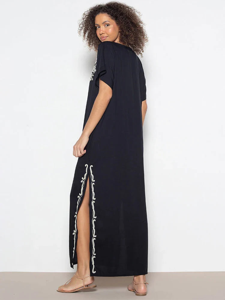Boho Maxi Dress - Beach Dress, Kaftan Dress Vintage Embroidered in Myla Blue and Black