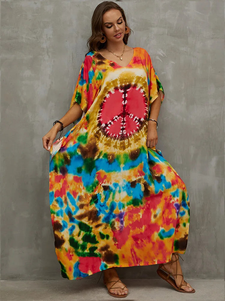 Boho Maxi Dress - Beach Dress, Kaftan Dress Tie dried Dream in Orange