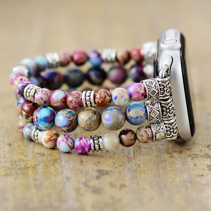 Boho Apple Watch Band - Silver Gothic Purple Jaspers Beads Wrist Stretch Bracelet