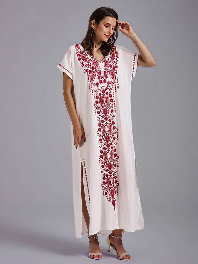 Boho Maxi Dress - Beach Dress, Kaftan Dress Vintage Embroidered in Myla Navy White and Black
