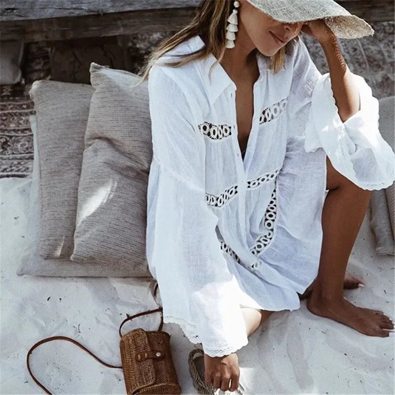 Boho Mini Dress - Beach Tunic - White Yuka
