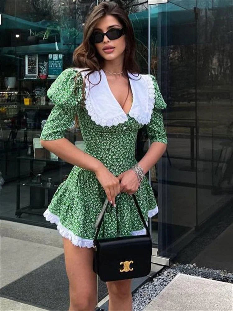 Vintage Mini Dress - Doll Collar, Long Sleeve, Summer Dress Ariyah in Dorothy in Green and Pink