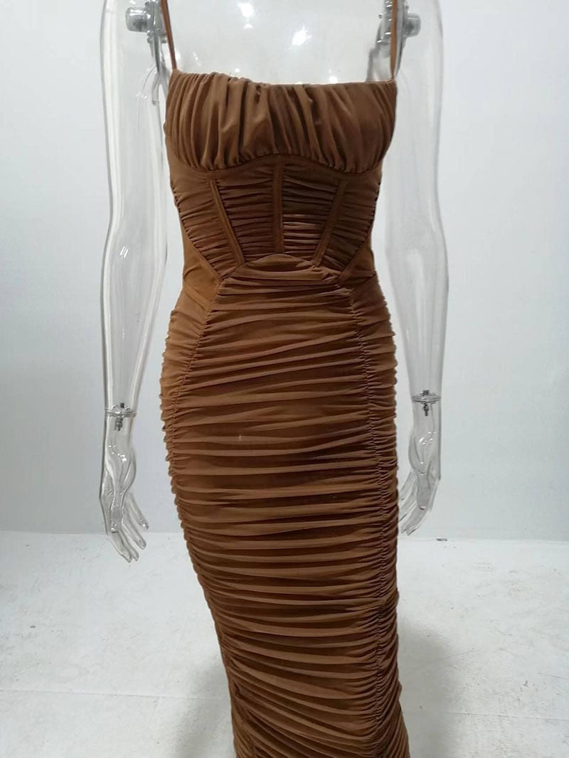 Boho Camis Dress, Party Bodycon Dress, Corset Ruched Maxi Dress, Claire in  Black and Brown