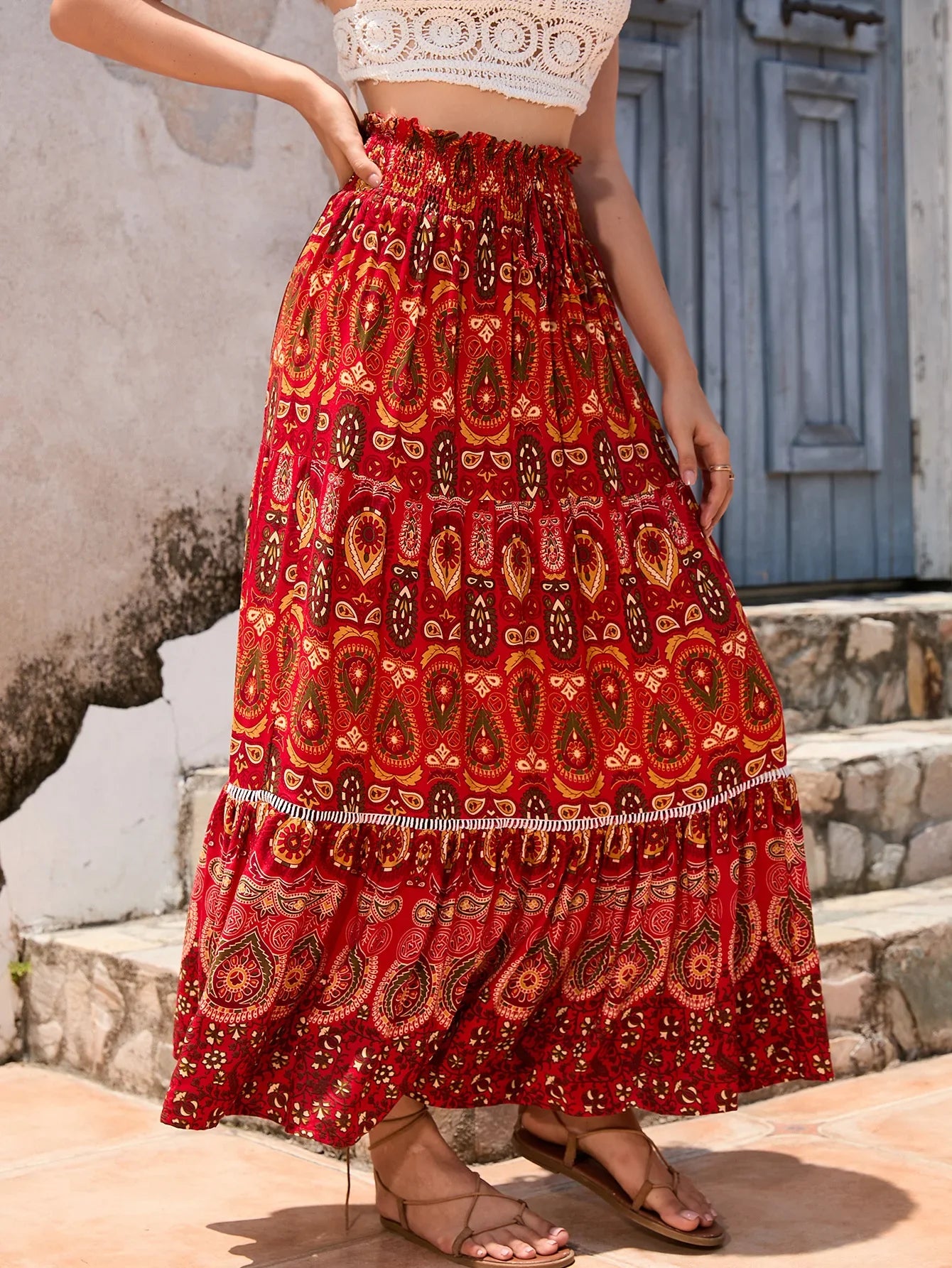 Boho Maxi Skirt - Hippie Style in  Red Peacock