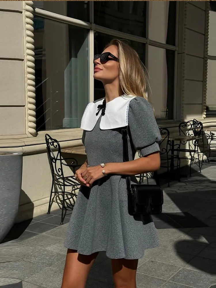 Vintage Mini Dress - Doll Collar, Long Sleeve, Summer Party Club Dress Ariyah in Black and Grey