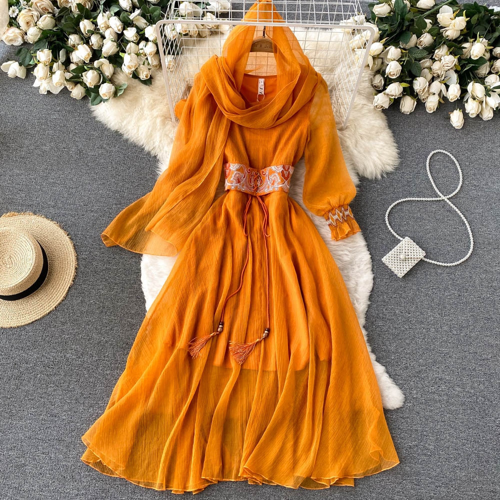 Maxi Dress with Matching Scarf, Boho Vintage Dress, Gown, Sahara in Gold