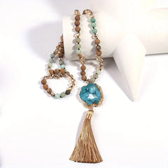 Boho Necklace - RH Precious Amazonite Lava Stones Gold Tassle