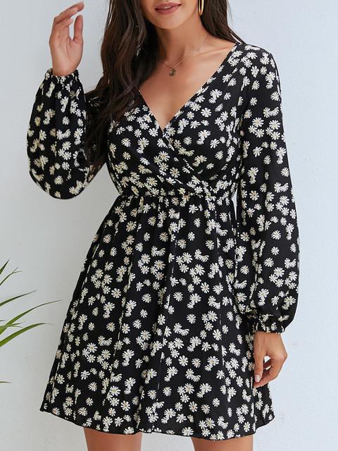 Small Daisy Front Wrap Long Sleeve Dress